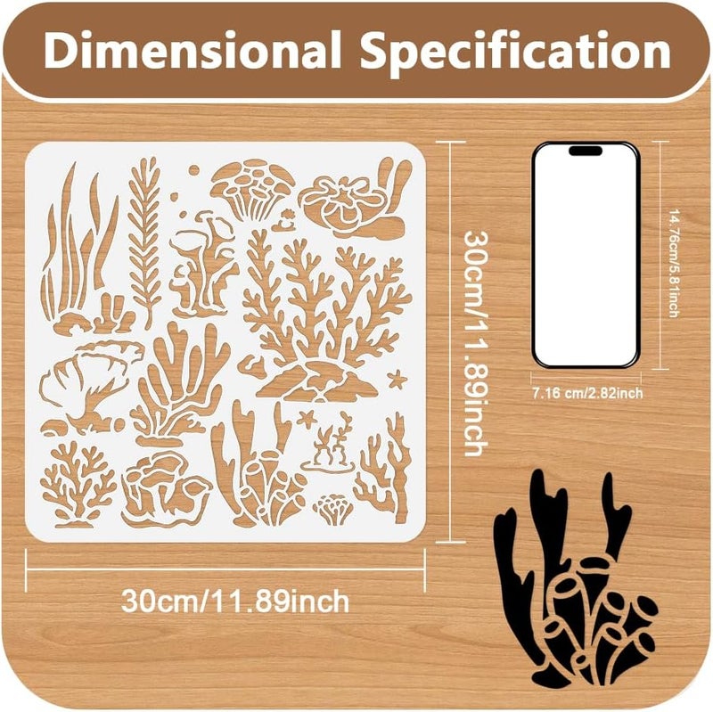 DOODLREAM 12 Styles Coral Seaweed Stencil for Painting, 11.8"x11.8"Reusable Seagrass Sea Plants Stencil Drawing Template, DIY Craft Paint Template for Wall Home Decor Wood Burning Card Journal Fabric - Image 2